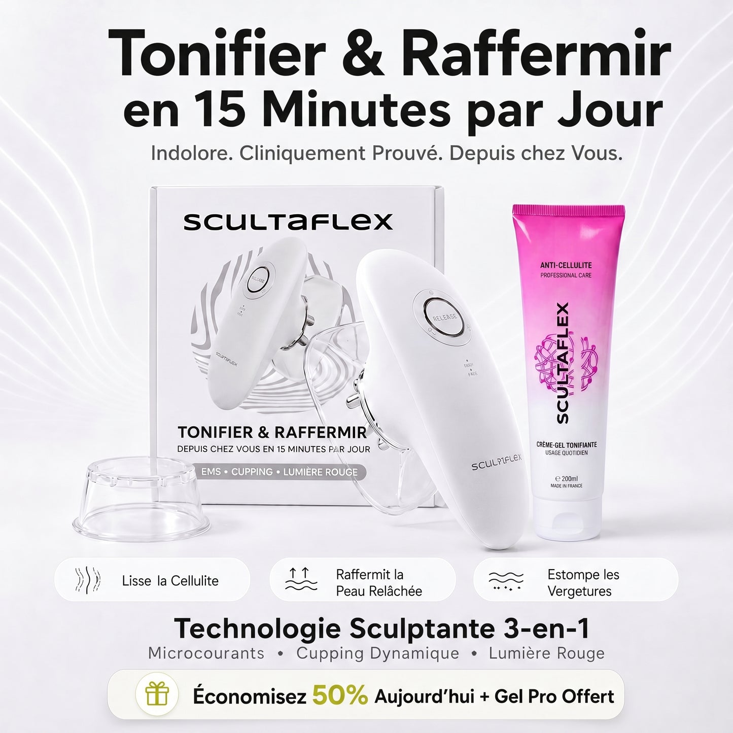 Tonifiez et Raffermissez en seulement 15 Minutes par jour depuis chez vous. Indolore et Cliniquement Prouvé.